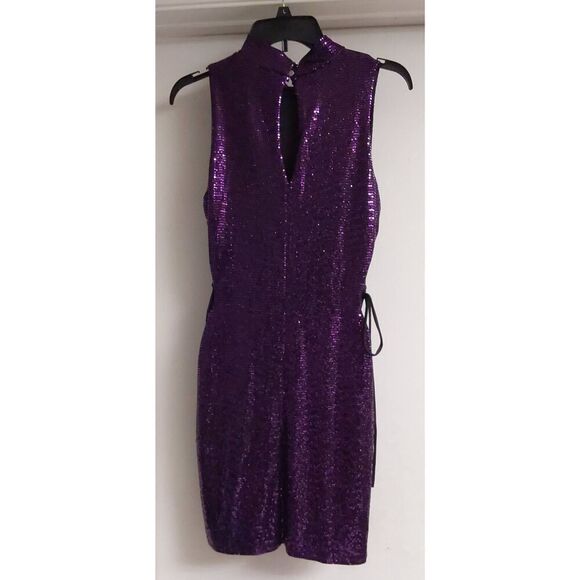 NWOT~Eggplant Purple & Black Glitter Side Cut Out Party Mini Dress Sz Large - Picture 3 of 3